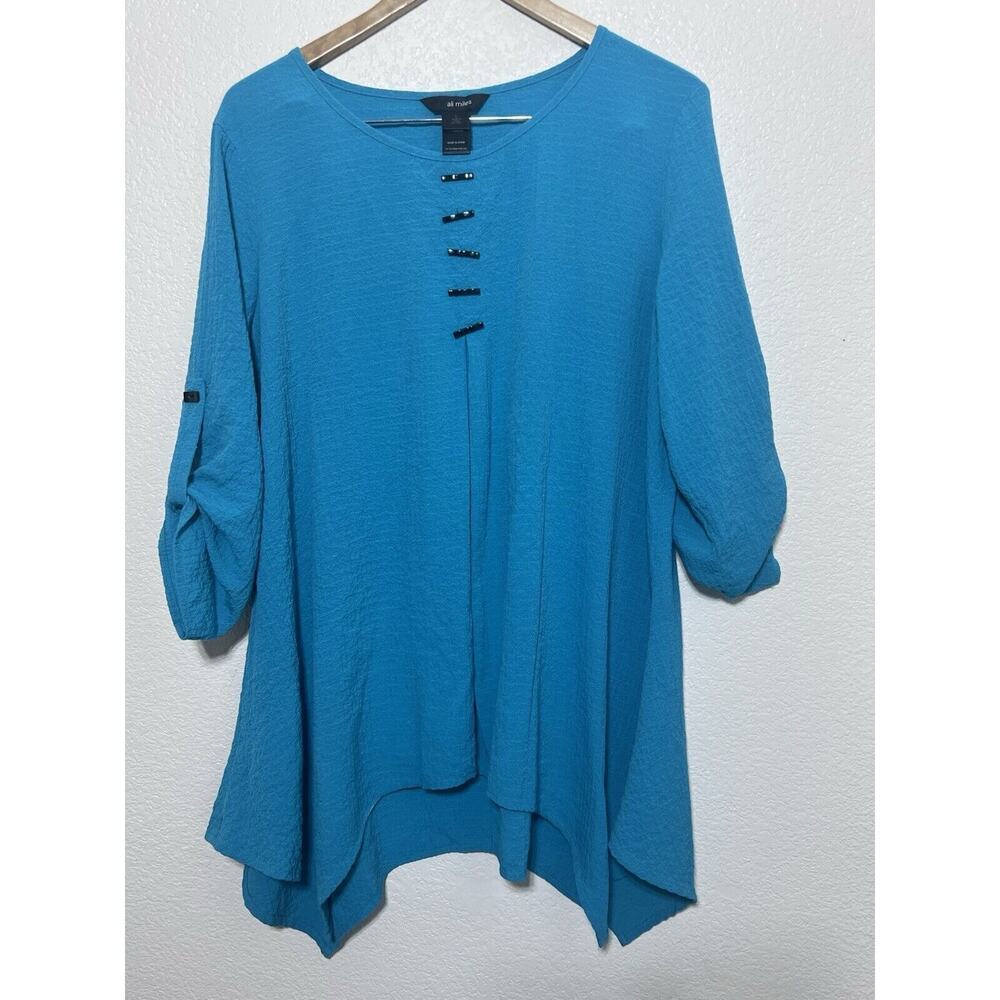 Ali Miles Lagenlook Artsy Blue Asymmetrical Hem Crinkle Tunic Top Sz Large